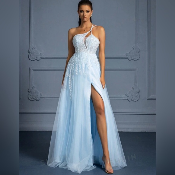 Dresses & Skirts - One Shoulder Split Thigh Mesh Beaded Formal Dress, Women Gown
